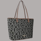 Borsa shopper Liu Jo tote media con logo all over in nero e dettagli in beige
