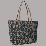 Borsa shopper Liu Jo tote media con logo all over in nero e dettagli in beige