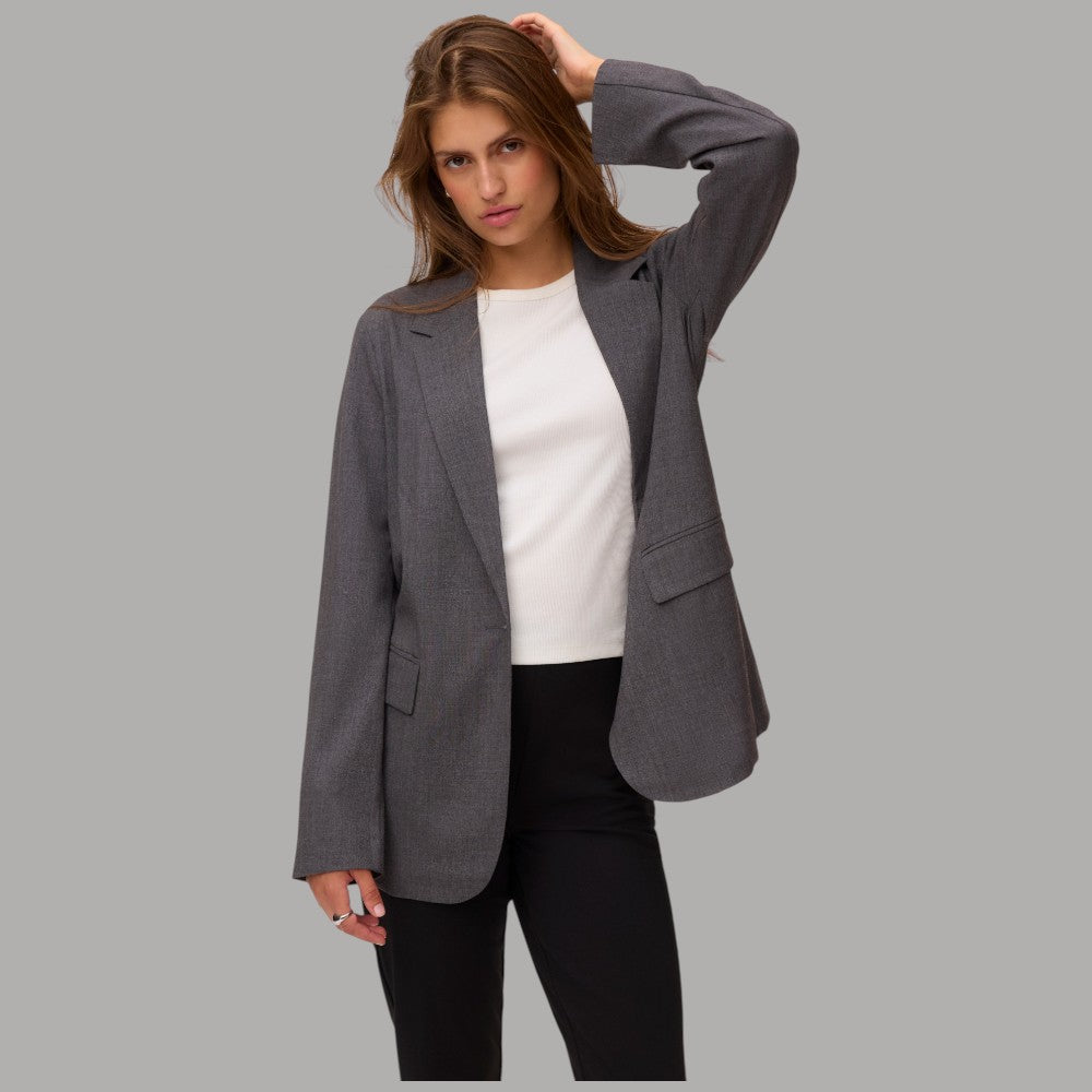 Vero Moda giacca blazer lose fit grigia con tasche frontali e spalline dettaglio ruches