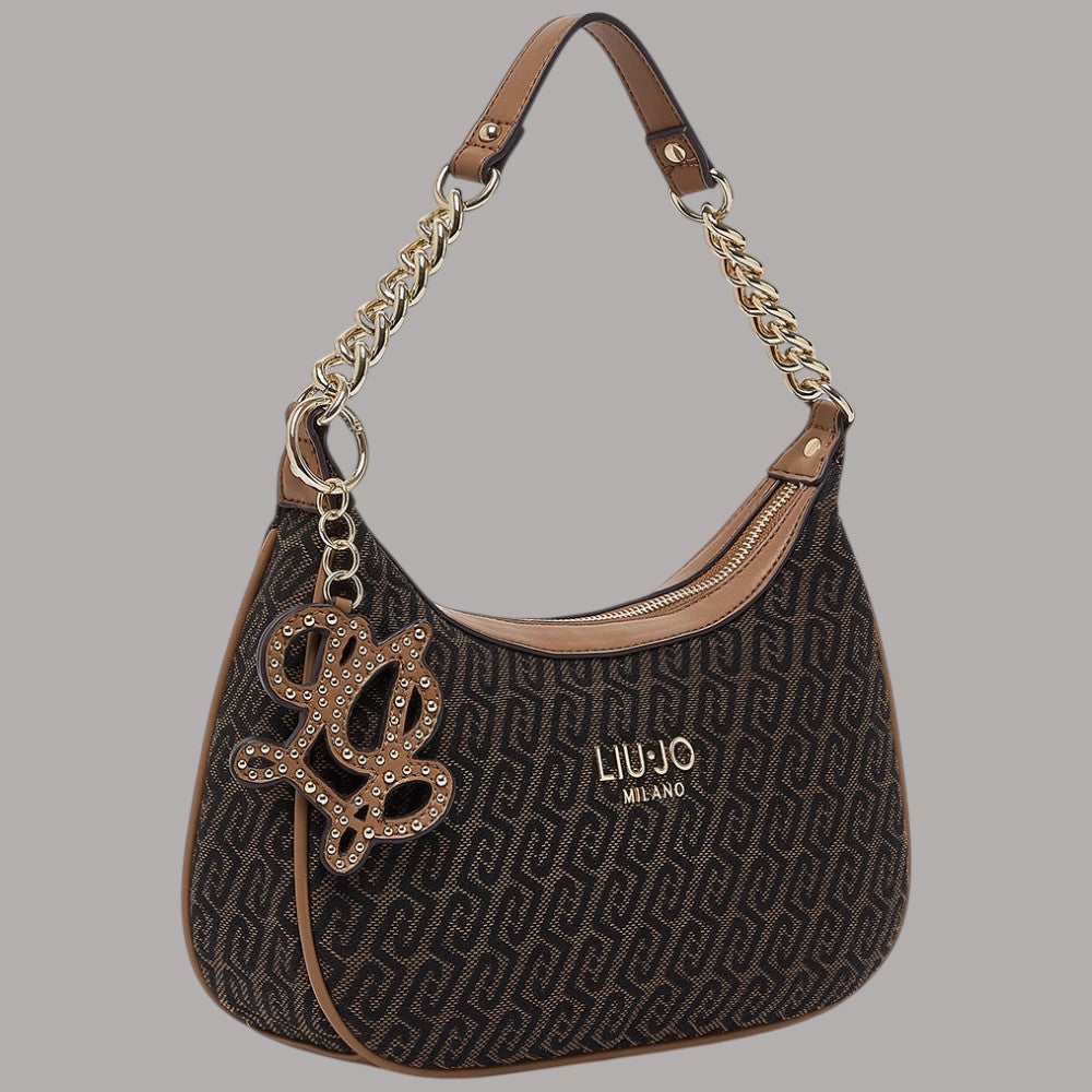 Borsa a spalla piccola Liu Jo in tessuto jacquard nero con dettagli marroni e logo