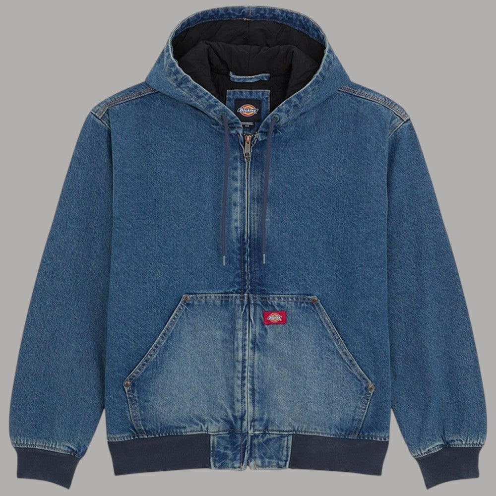 Giacca bomber Dickies in denim blu con cappuccio e zip frontale, tasca marsupio
