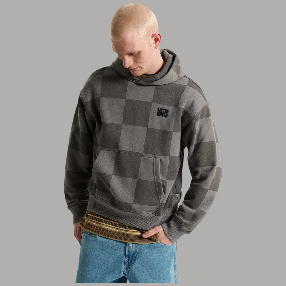Felpa con cappuccio Vans grigia a scacchi, logo sul petto, tasca a marsupio