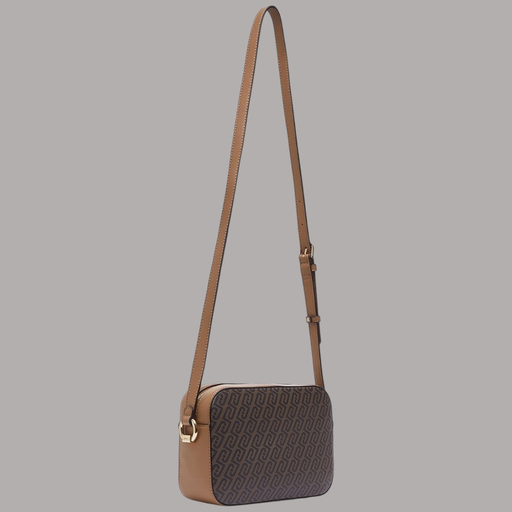 Borsa a tracolla Liu Jo con logo monogram beige e dettagli in pelle, vista laterale