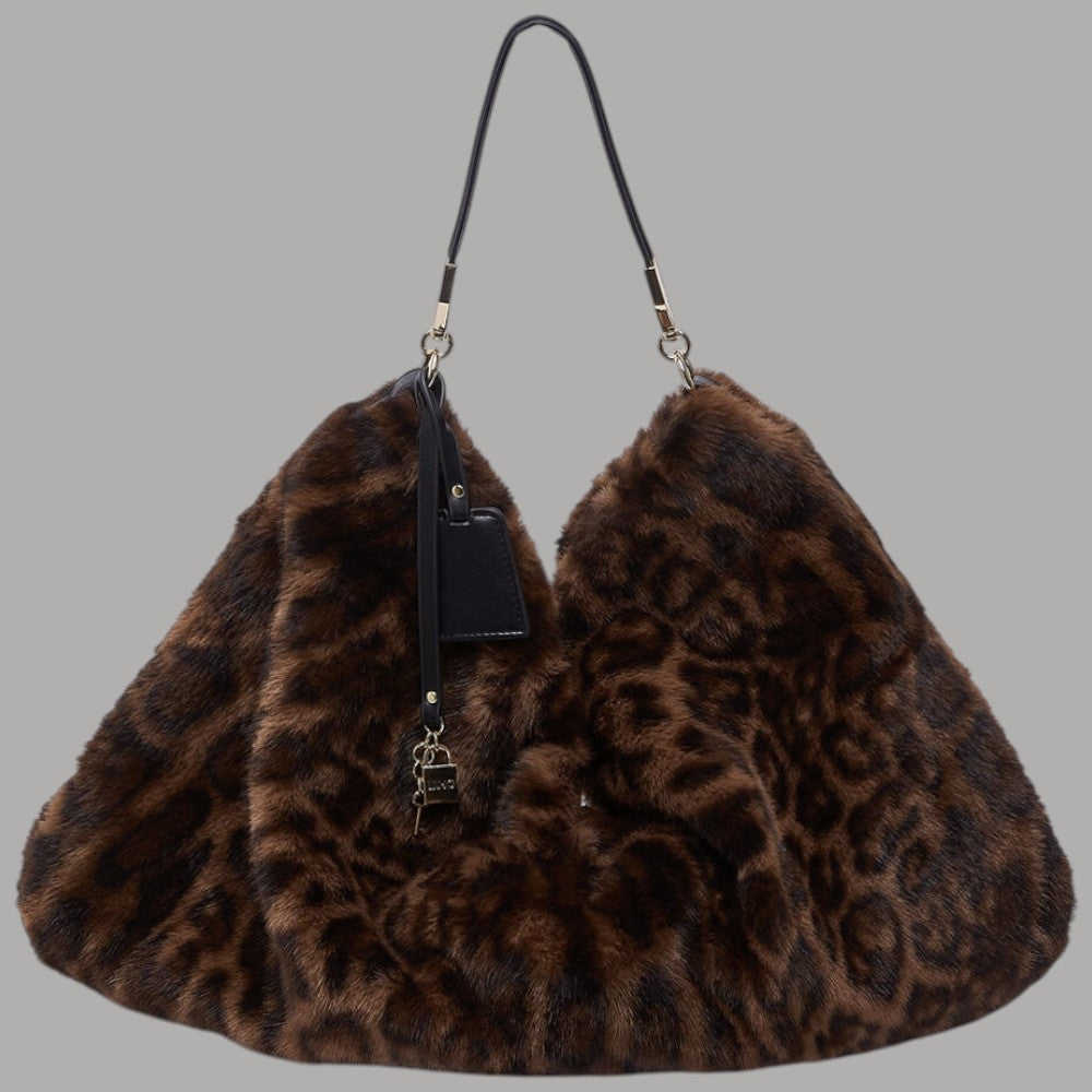 borsa Liu Jo grande in pelliccia sintetica leopardata marrone e nera con dettaglio nero.jpg