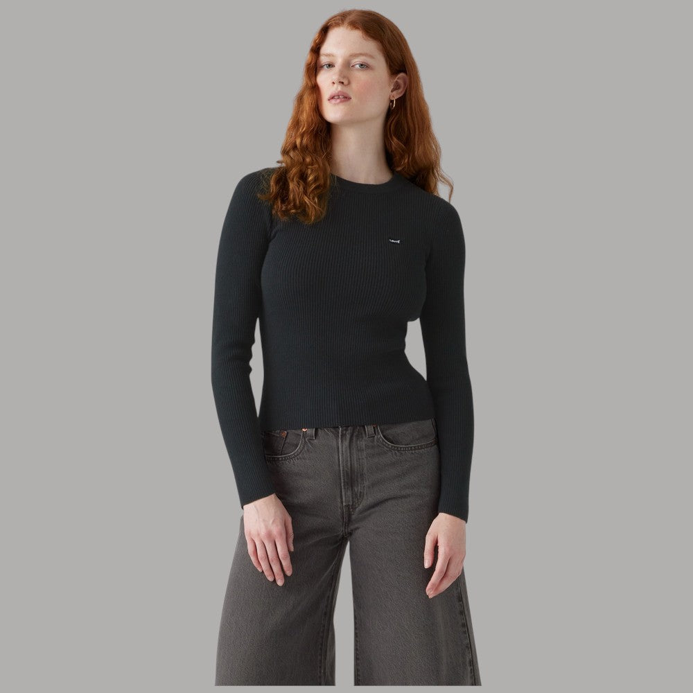 Maglia girocollo Levi's a coste, nera, maniche lunghe aderente