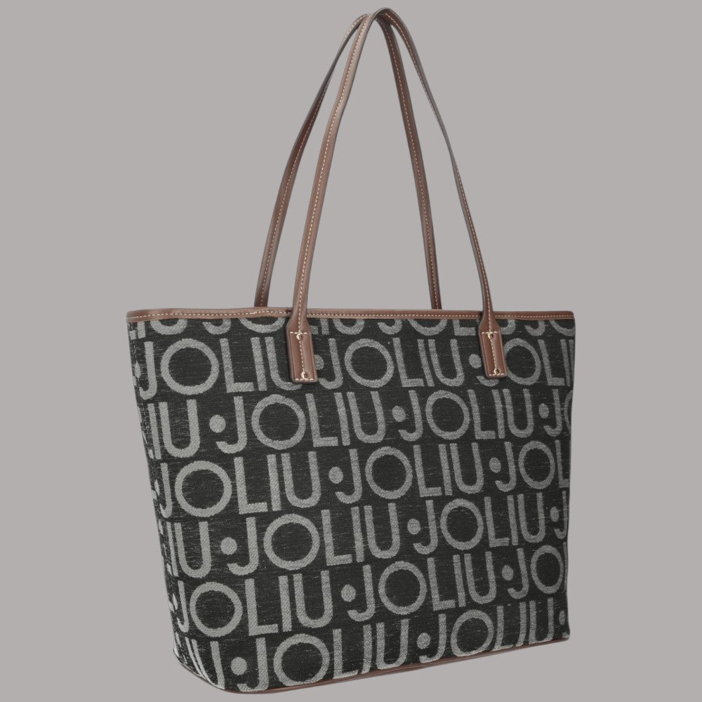 Borsa shopper Liu Jo tote media logo all over in nero e marrone con dettagli in pelle