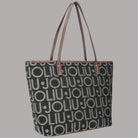 Borsa shopper Liu Jo tote media logo all over in nero e marrone con dettagli in pelle