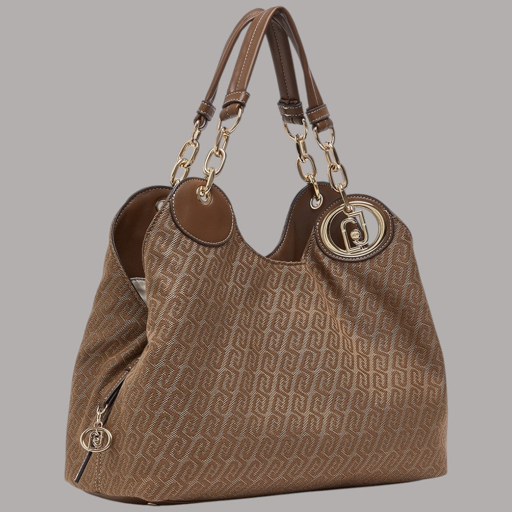 Borsa Liu Jo satchel in tessuto jacquard beige con dettagli in metallo dorato