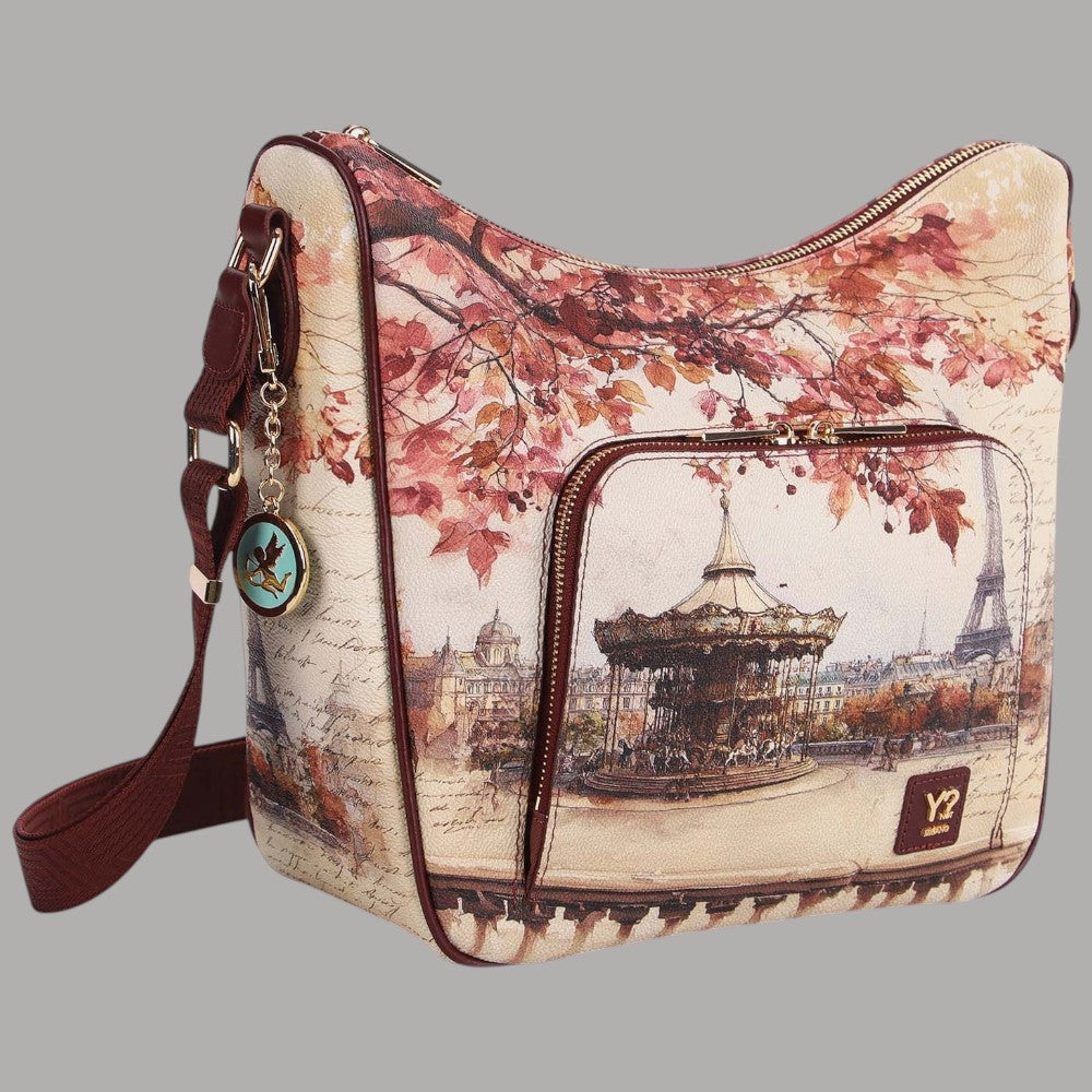 Borsa a spalla YNot con stampa città e dettagli floreali in colori caldi