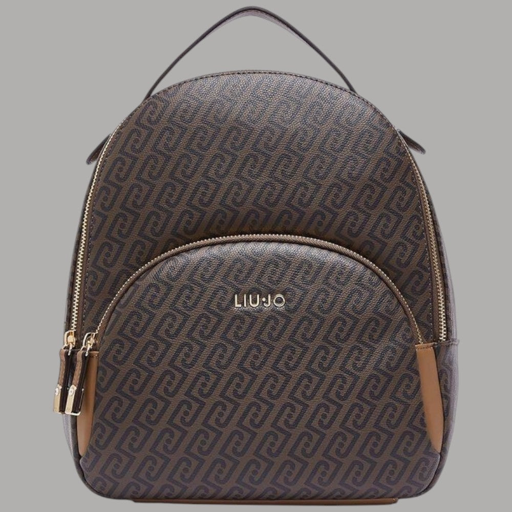 Zaino Liu Jo Manhattan logo monogram beige e marrone con zip frontale e maniglia superiore
