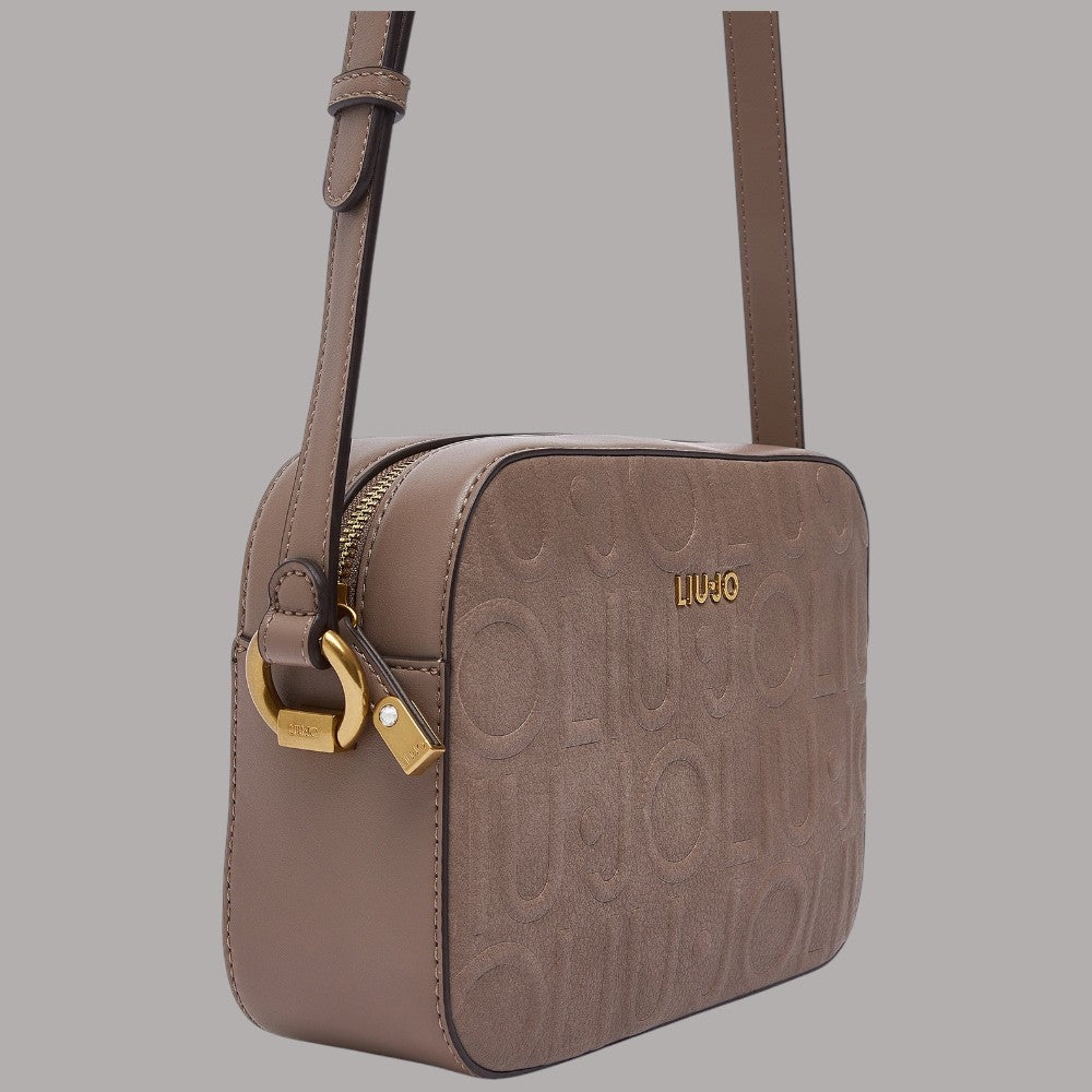 Borsa a tracolla Liu Jo con logo embossed in taupe, dettaglio manico e zip gold