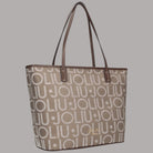 Borsa shopper Liu Jo tote media logo all over beige e marrone con dettagli in pelle