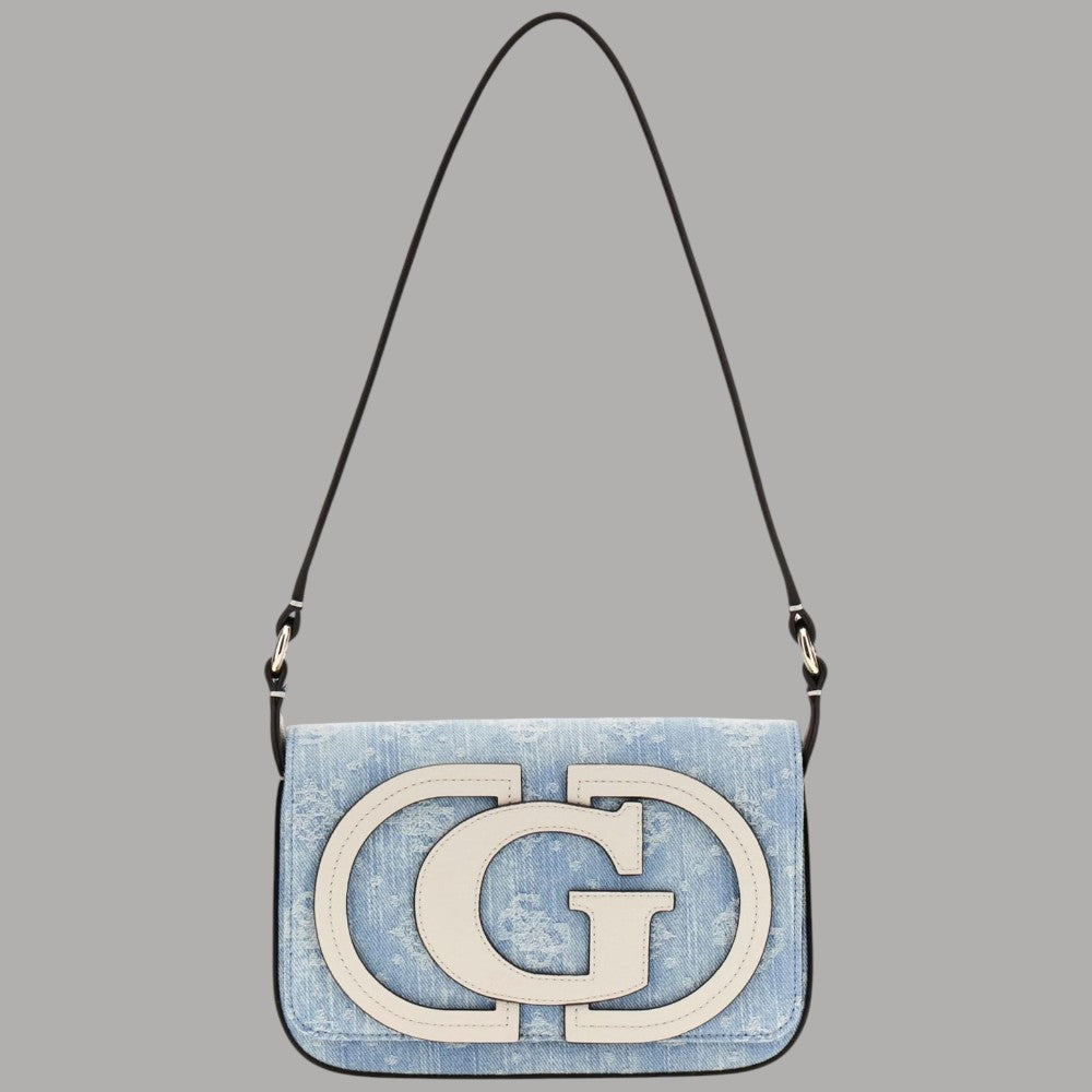 Borsa a tracolla Guess Ruby in denim blu con patta e logo