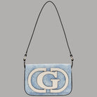 Borsa a tracolla in denim azzurro con patta e logo GG frontale