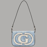 Borsa a tracolla in denim azzurro con patta e logo GG frontale