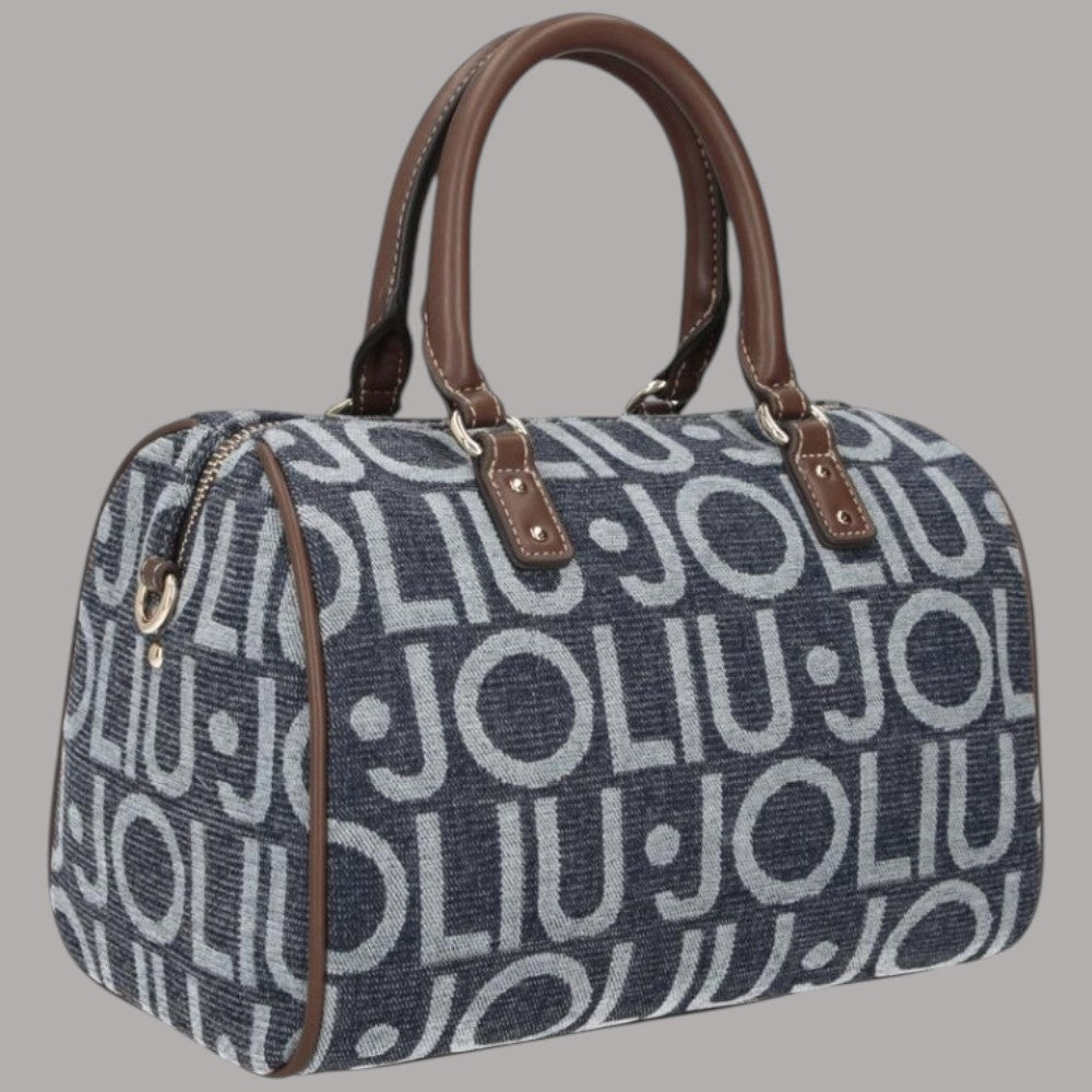 Borsa bauletto in jacquard logato blu denim con manici marroni e tasca laterale