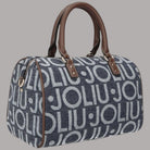 Borsa bauletto in jacquard logato blu denim con manici marroni e tasca laterale