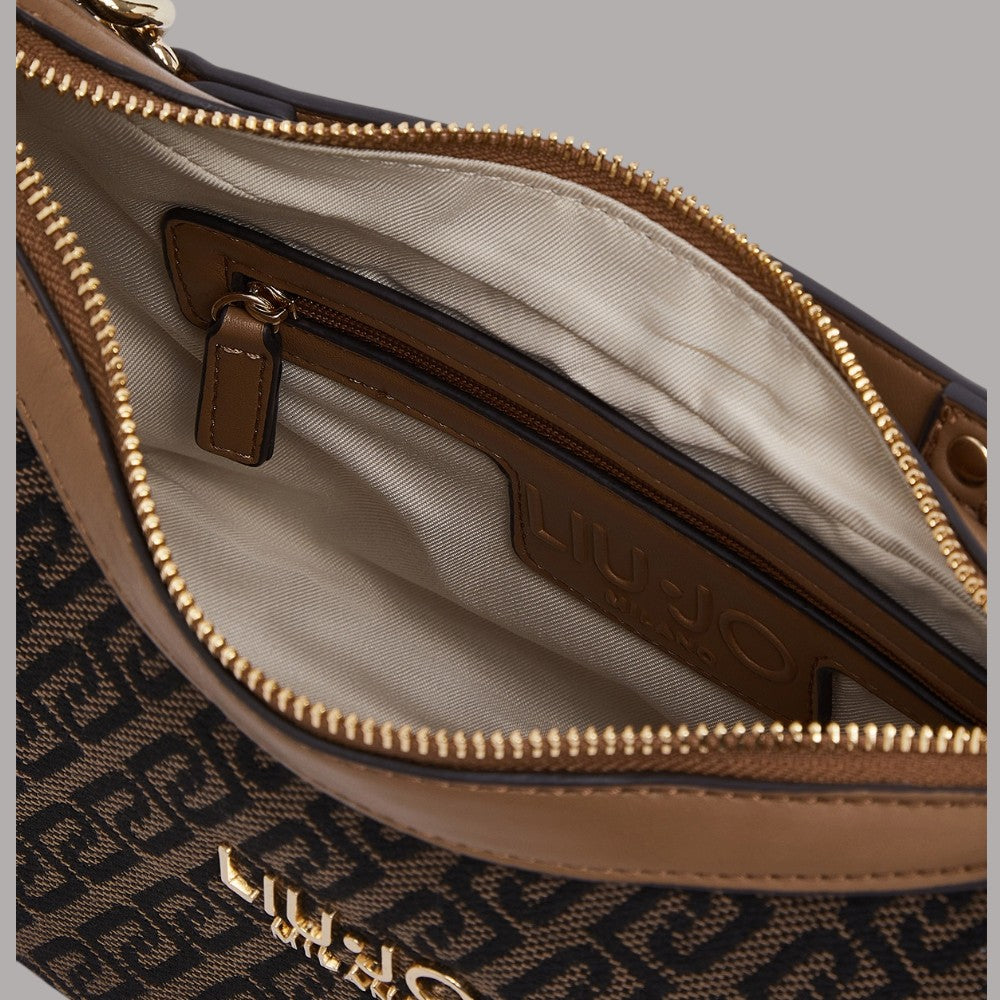 Borsa a spalla piccola Liu Jo in tessuto jacquard con dettagli marroni e cuciture oro