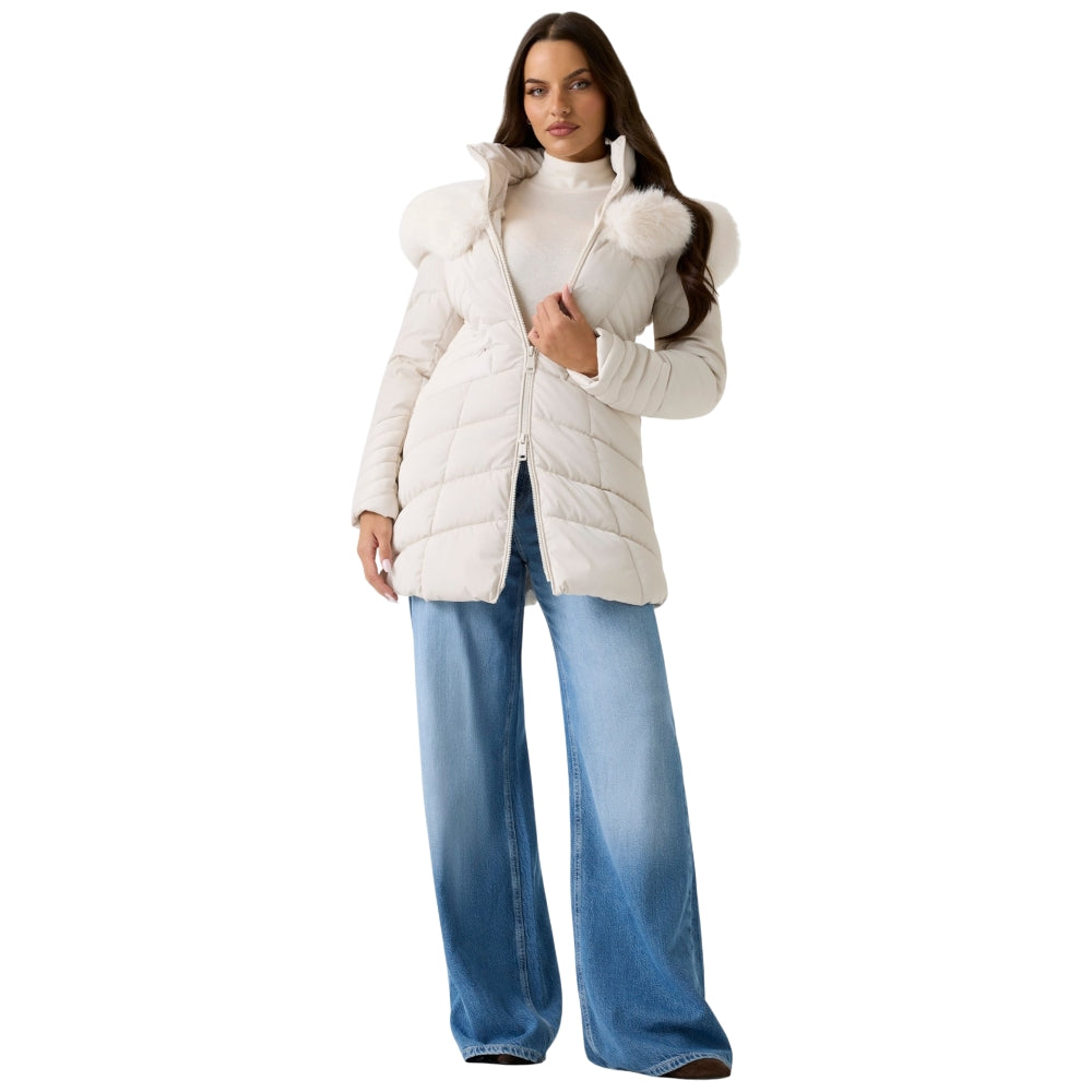 Guess piumino stone con cappuccio in pelliccia sintetica NEW OXANA Guess