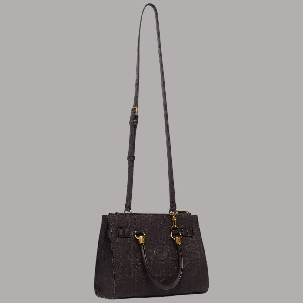 Borsa a mano piccola nera con logo in rilievo e charm dorato