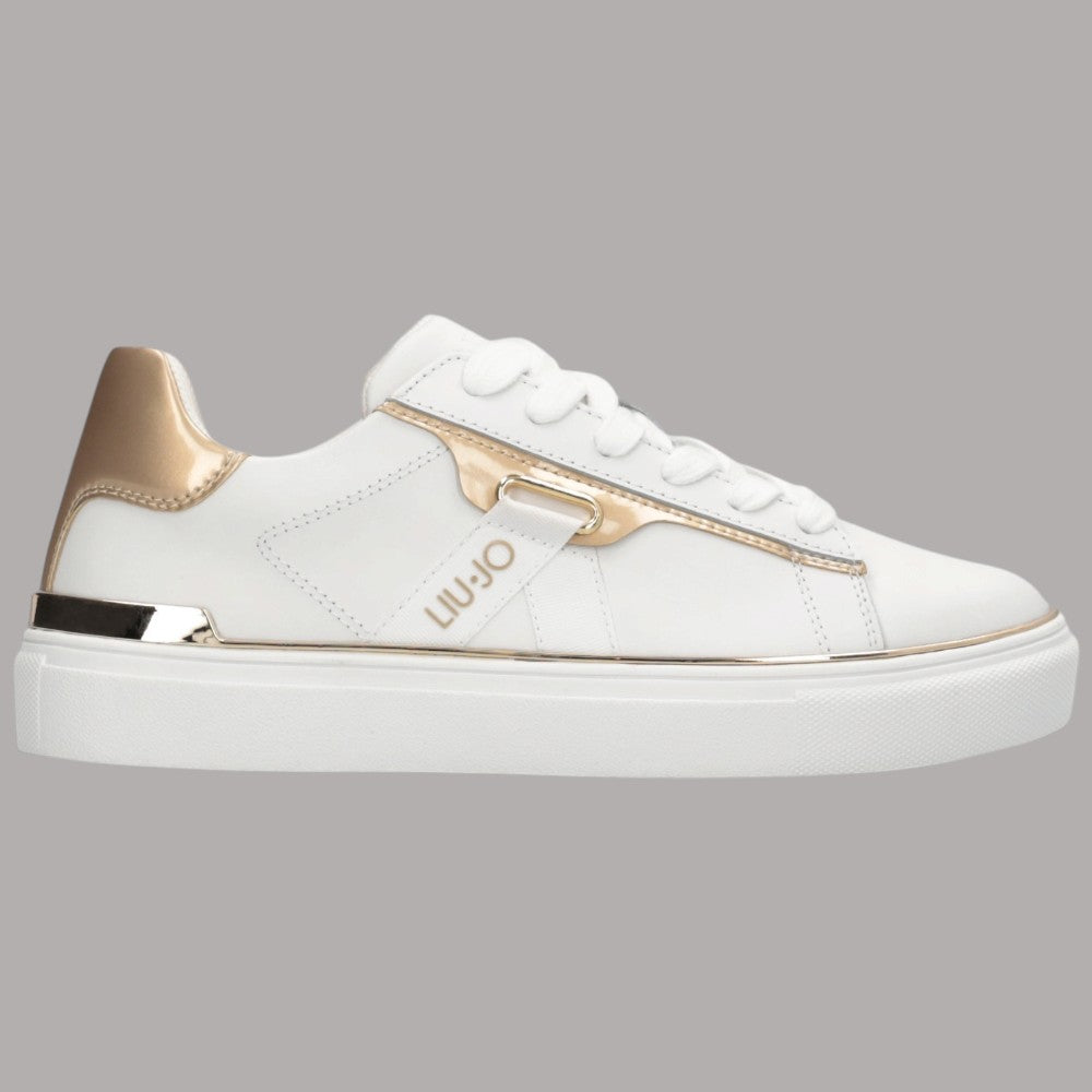 Sneakers Liu Jo Kiki 04 in pelle bianca con inserto laminato oro e dettaglio con logo
