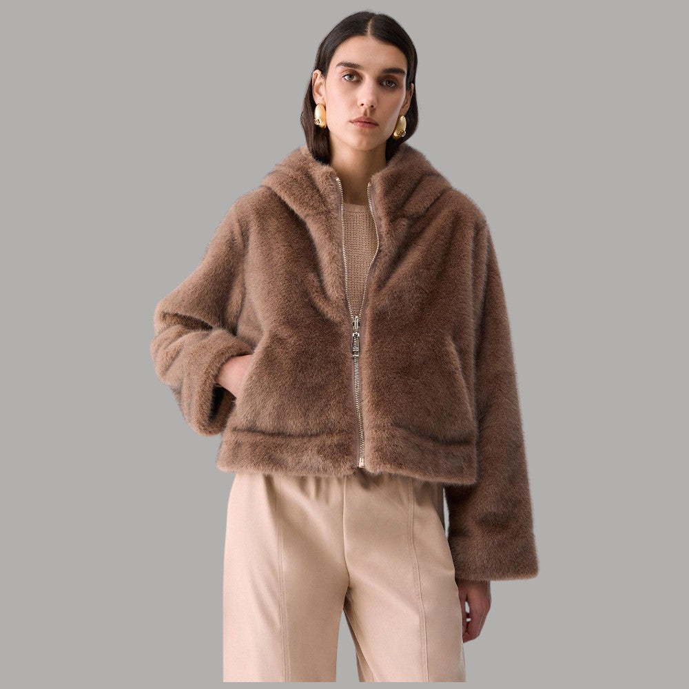 Giubbotto Liu Jo reversibile in teddy marrone, con cappuccio, zip e tasche frontali