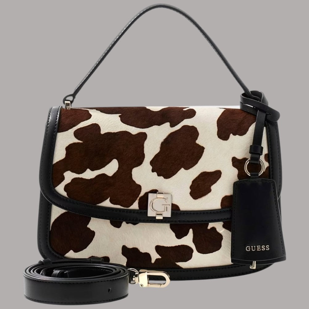 Borsa a mano Guess Audrey crow con tracolla removibile in stampa animalier bianco e marrone