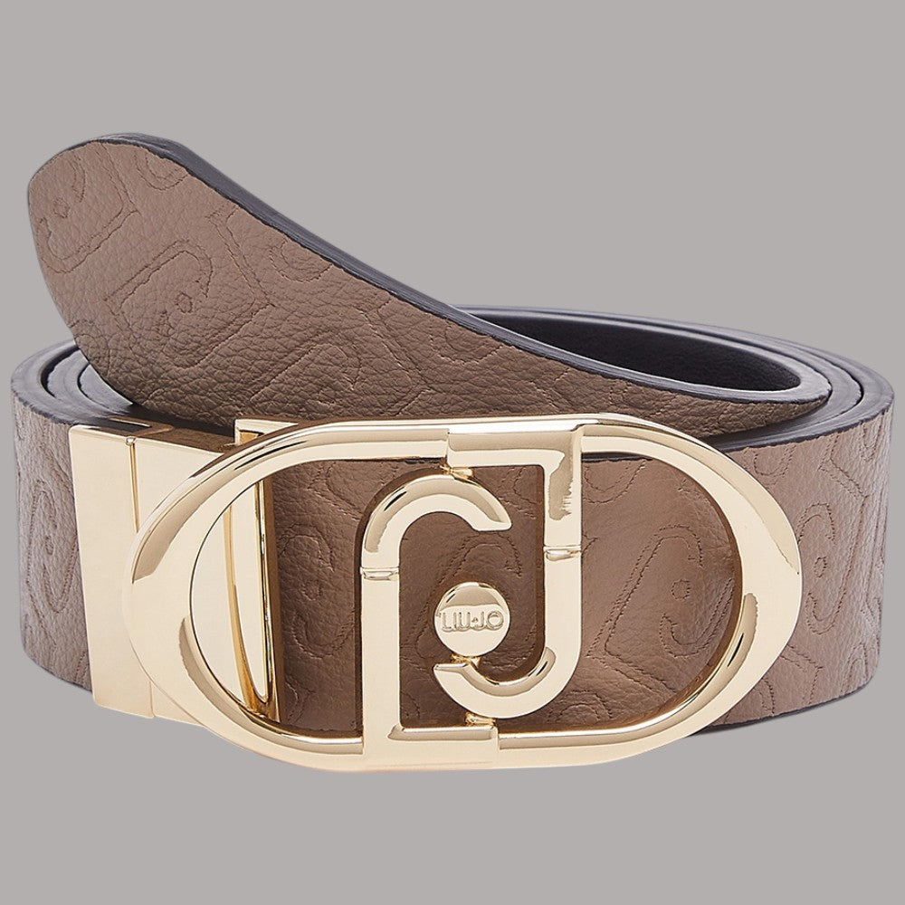 Cintura reversibile in pelle color mocha con fibbia oro e logo monogramma