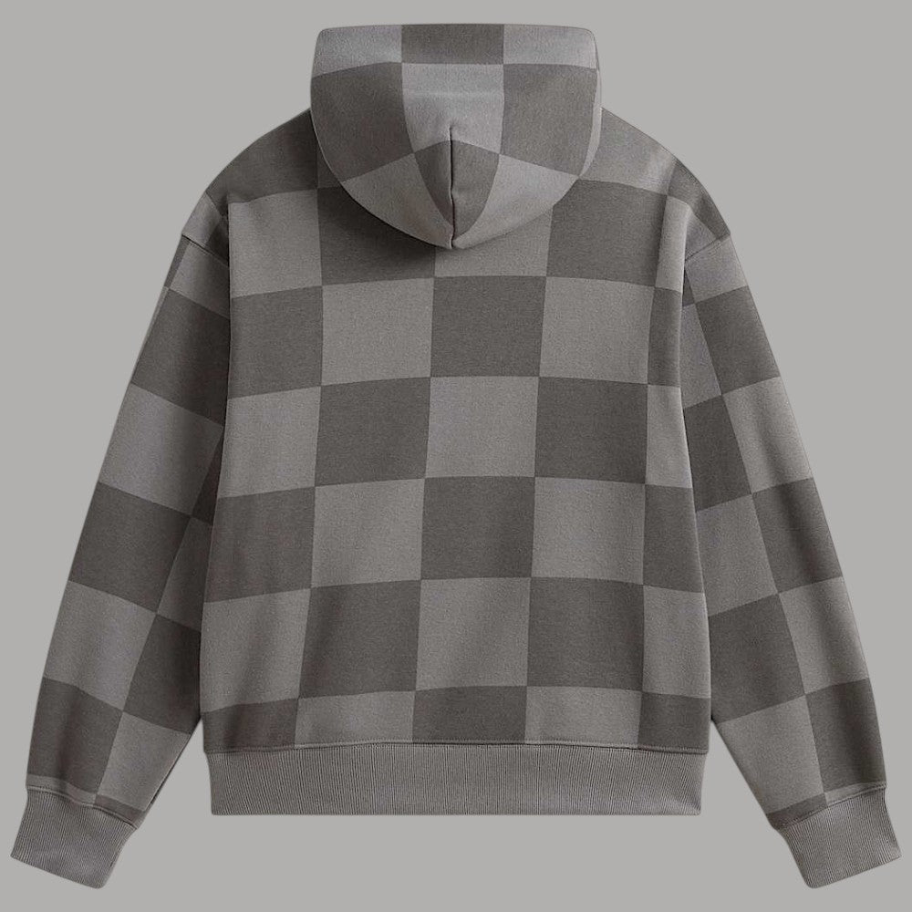 Felpa con cappuccio grigia a scacchi, retro del cappuccio, polsini elasticizzati