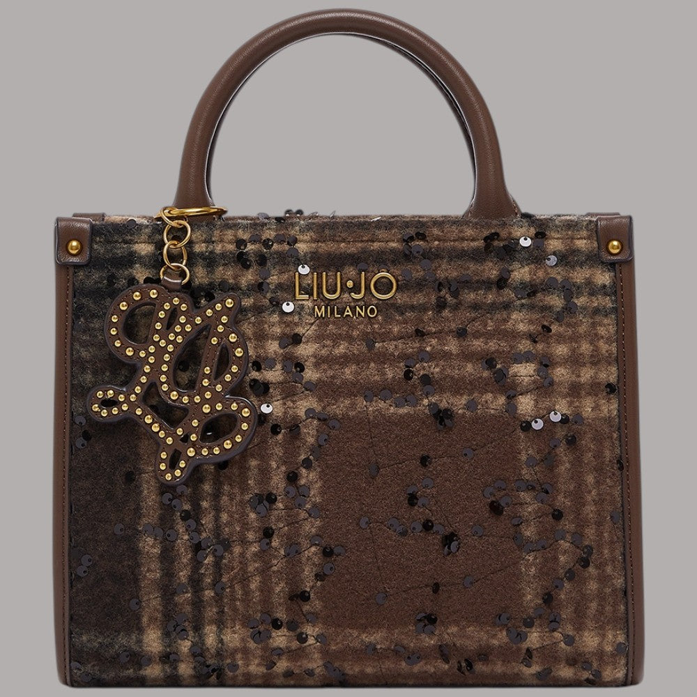 Borsa Liu Jo Ridhi Mini Shopping in check con dettagli in pelle marrone e decorazioni glitterate