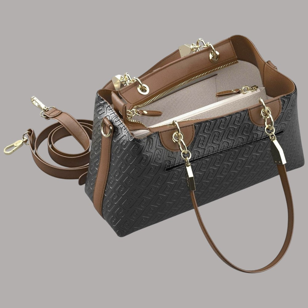 Borsa Liu Jo in nero e marrone con dettagli in beige e cerniera frontale