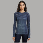 Liu Jo T-shirt manica lunga stampa, colore blu denim, dettaglio cuciture e texture vintage