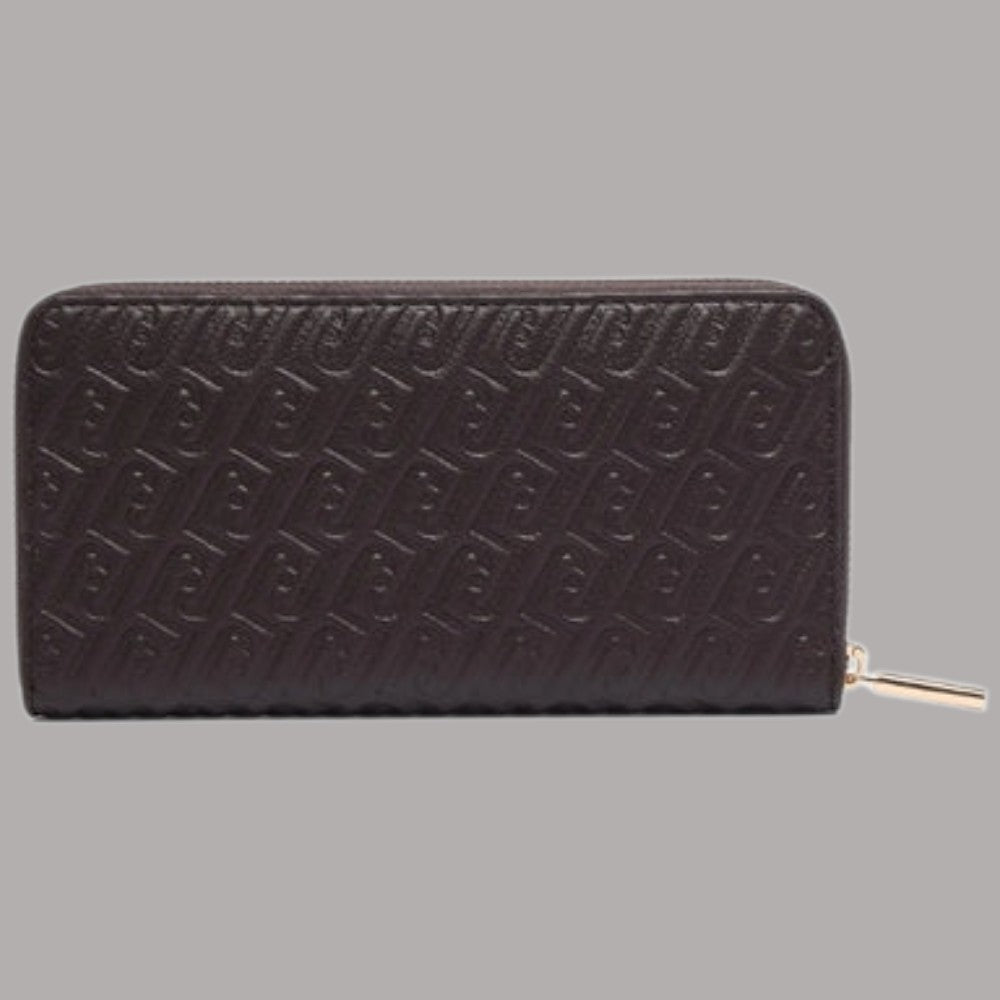 Portafoglio grande goffrato monogramma, vista frontale, zip dorata, marrone scuro