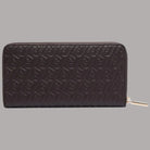 Portafoglio grande goffrato monogramma, vista frontale, zip dorata, marrone scuro