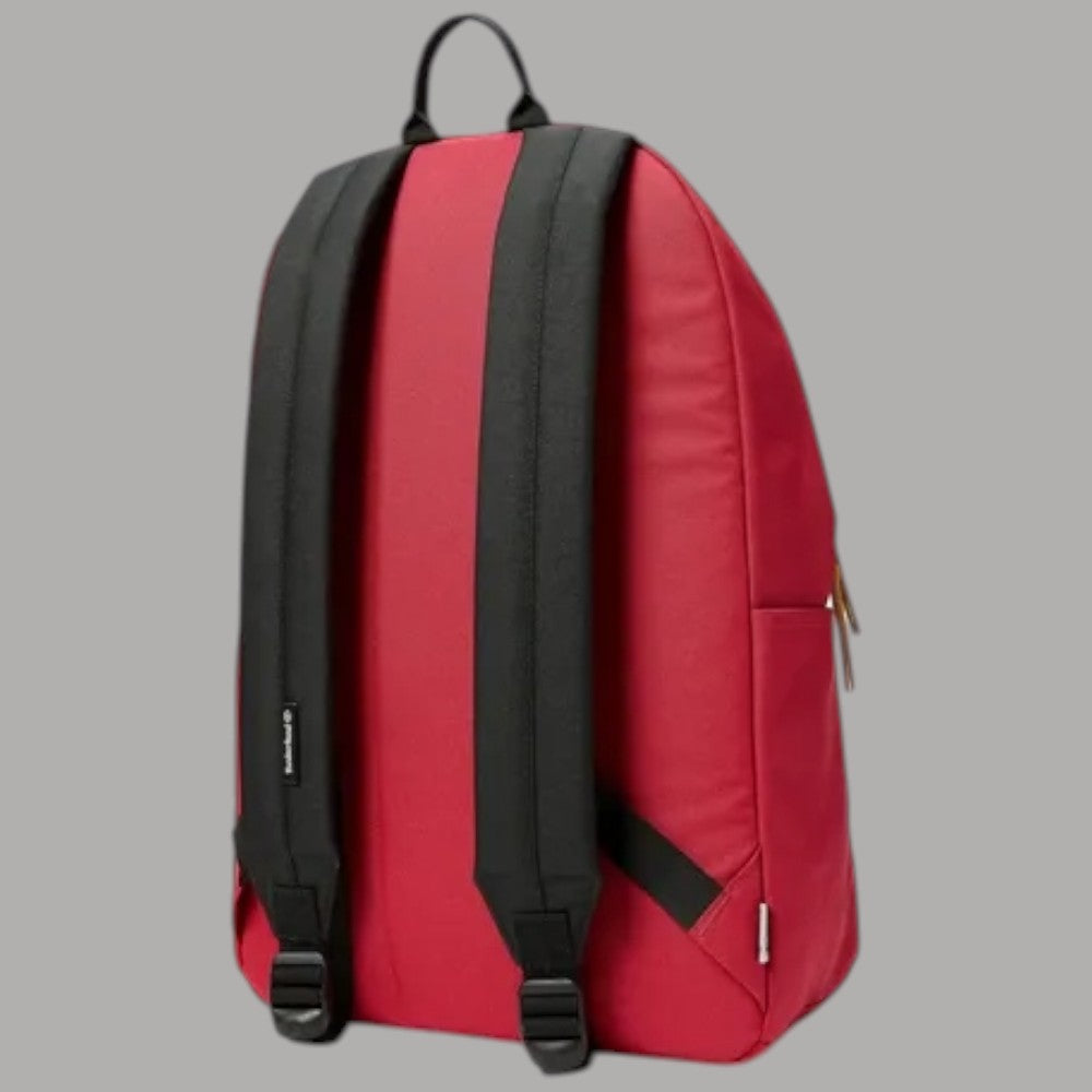 Timberland backpack rosso da 22 litri con dettagli neri, tasca laterale e zip frontale