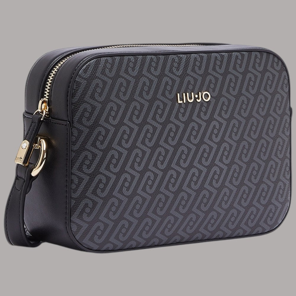 Borsa a tracolla Liu Jo nera con logo monogram dorato e dettaglio in pelle