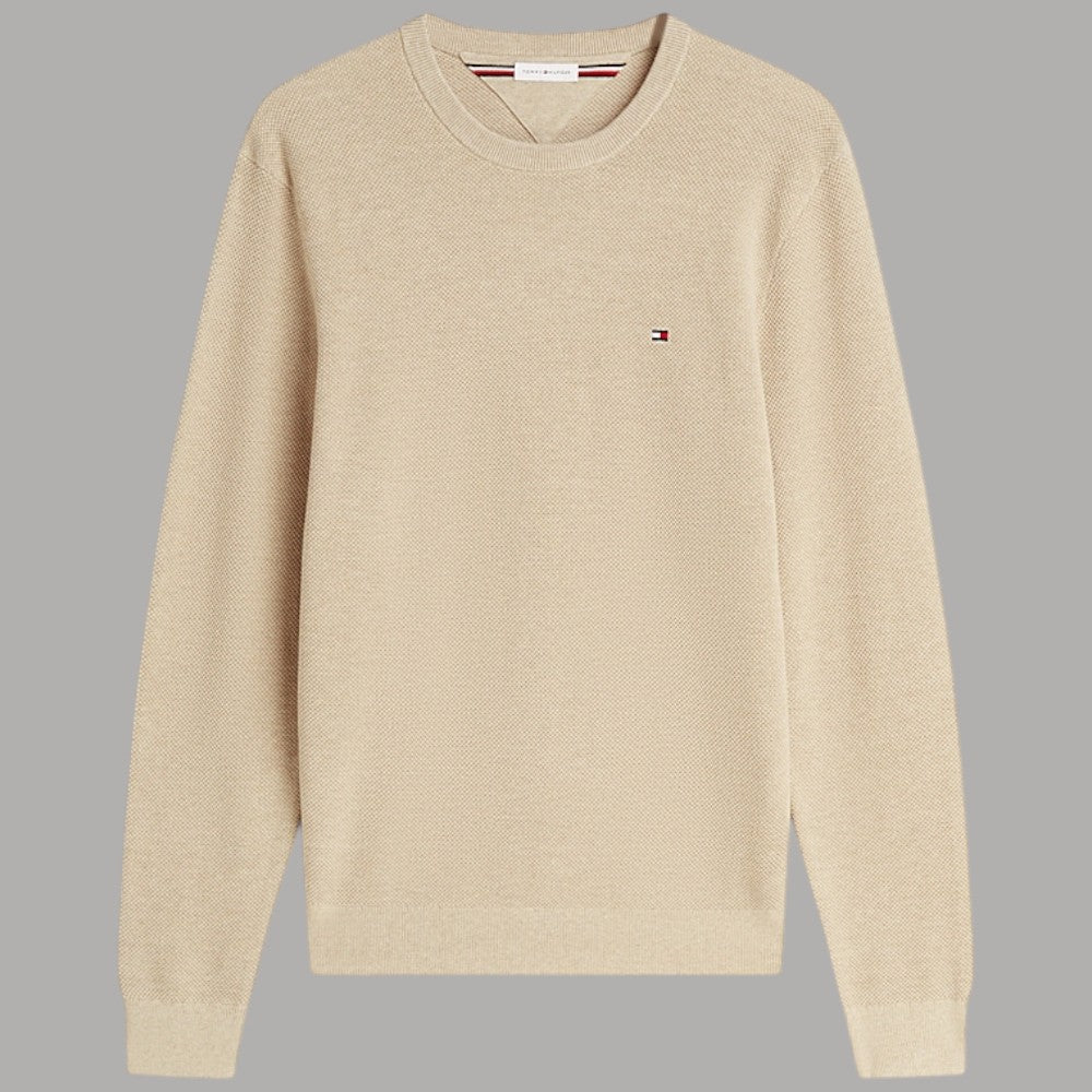 Pullover strutturato in cotone Tommy Hilfiger beige con logo ricamato sopra il petto