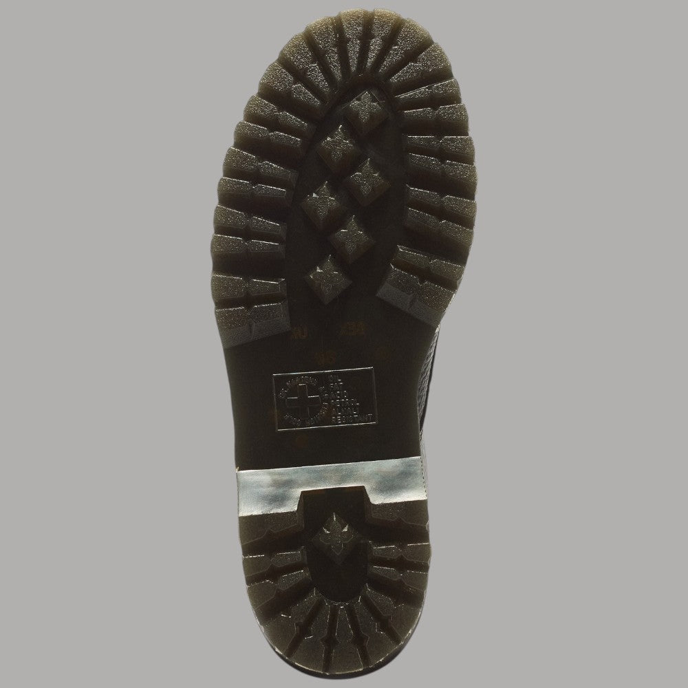 Stivali platform in nappa lavorata Dr Martens Sinclair vista inferiore su fondo grigio