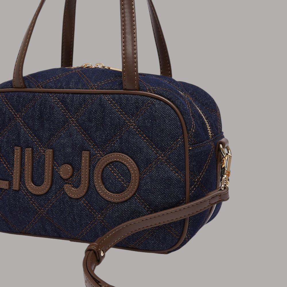 Borsa a tracolla Liu Jo in denim con charm e dettagli in pelle marrone