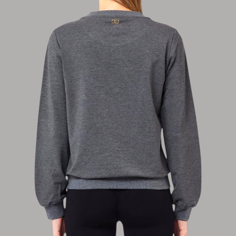 Felpa girocollo con maxi logo Liu Jo TF6138FS576 in grigio melange con dettaglio testa di leone dorata sul retro