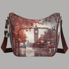 YNot shoulder bag stampa città con Big Ben e autobus rossi, colori autunnali