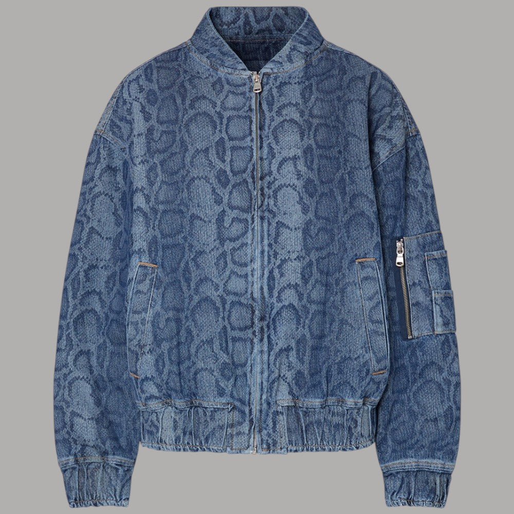 Bomber Liu Jo in denim con stampa pitone, zip frontale e tasche
