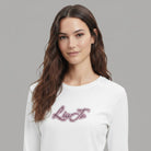 Liu Jo T-shirt manica lunga bianca con logo strass rosa e dettaglio ricamata