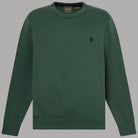 Maglione Timberland verde girocollo, vista frontale distesa con logo sul petto