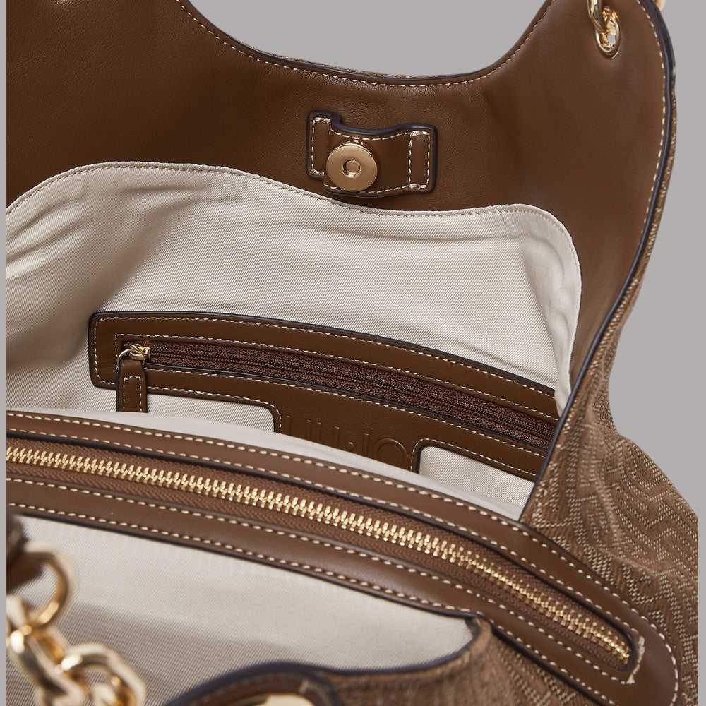 Borsa Liu Jo satchel in tessuto jacquard color marrone con dettagli in pelle e hardware dorato