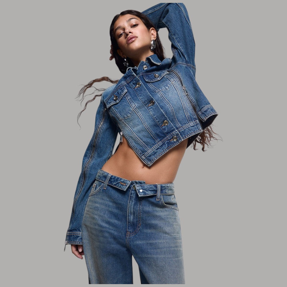 Giubbotto in jeans Liu Jo x Elodie blu denim con dettagli metallici e zip frontale