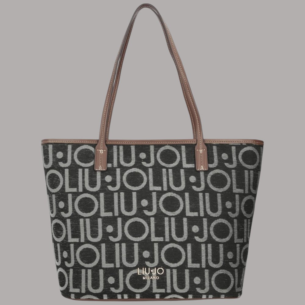 Borsa shopper Liu Jo tote media logo all over in nero e grigio con dettagli in taupe