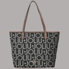 Borsa shopper Liu Jo tote media logo all over in nero e grigio con dettagli in taupe