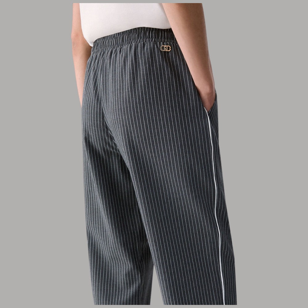 Liu Jo Pantaloni tessuto TF6149T691A con pinstripe nero e dettaglio cintura con logo