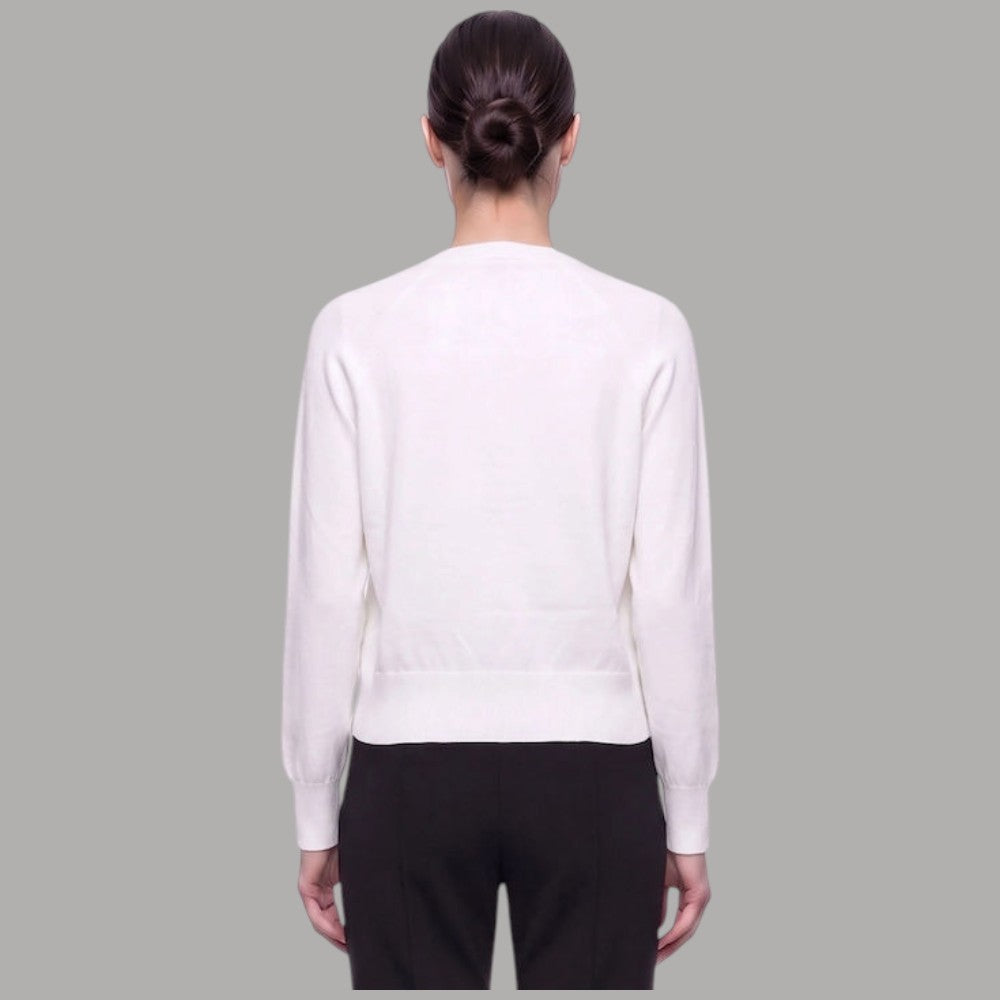 Maglia bianca Liu Jo vista sul retro, con girocollo, maniche lunghe e polsini a costine